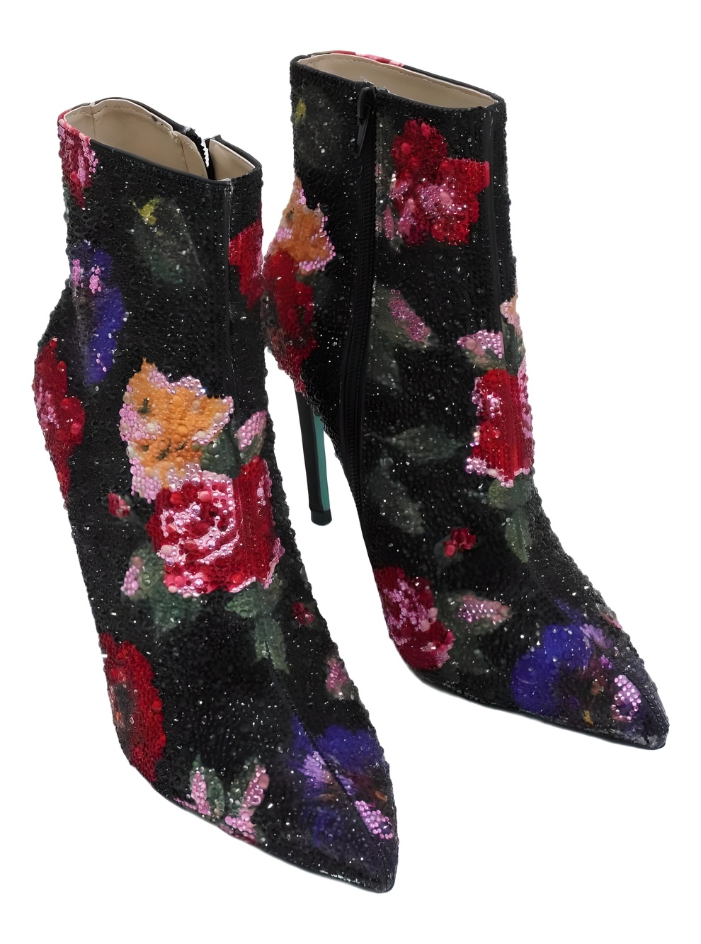Betsey Johnson Belle Rhinestone Stiletto Heel Ankle Boots Black Flower Size 8M